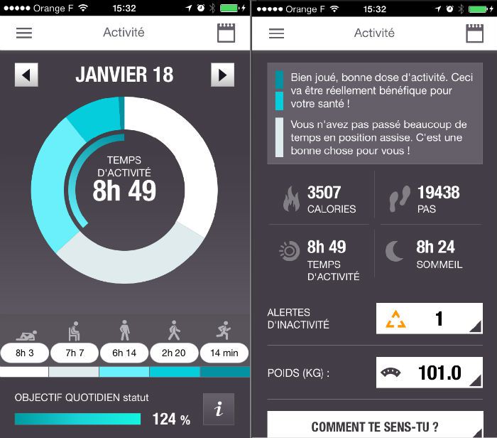 Interface de l'application mobile (iOS) du Polar Loop